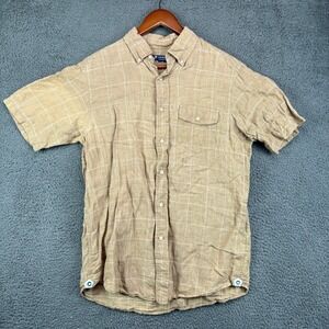 Cremieux Collection Mens Medium Brown Windowpane Linen Short Sleeve Button Down